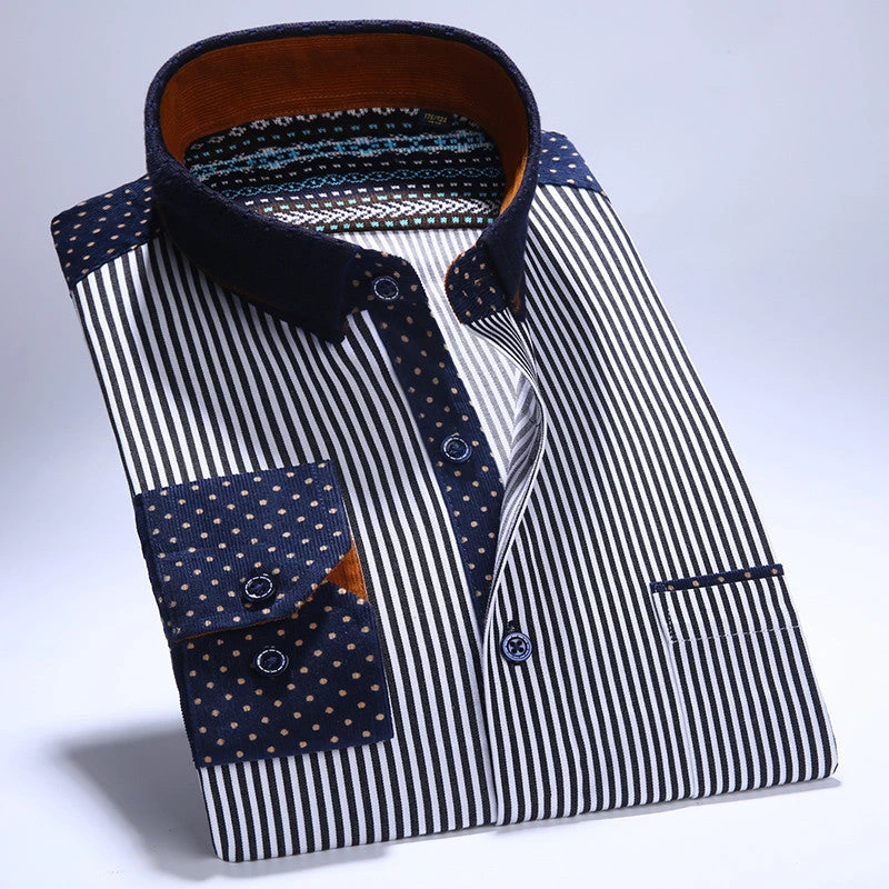 Autumn Young Mens Long Sleeve 100% Cotton Flannel Shirts Patchwork Collar Classic-fit Comfort Soft Button-Down Casual Shirt