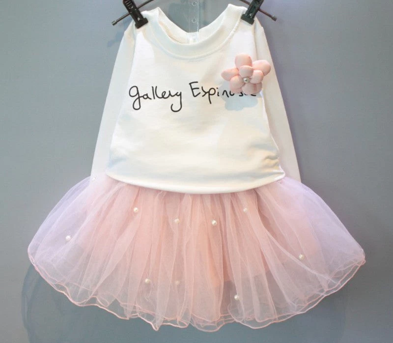 Girls Dresses Lovely Girls White Tee Shirt And Pink Dress With Rhinestone Clothes Set Kids Autmn Children Clothing Set