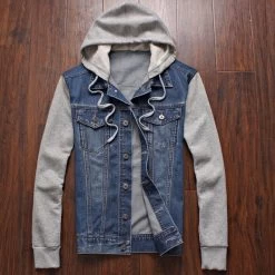 Spring Men's Fashion Men's Sportswear Cowboy Hoodies, Hooded Jacket Removable Hat Denim Jacket Size M-4XL, 5XL