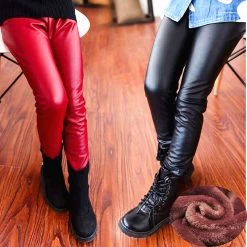 Kids Pants Children Clothing PU Leather Double Plus Thick Velvet Girls Leggings Child Baby Warm Trousers Black Red