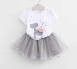 Girls Dress Summer Fashion Style Cartoon Cute Little White Cartoon Dress Kitten Printed Dress