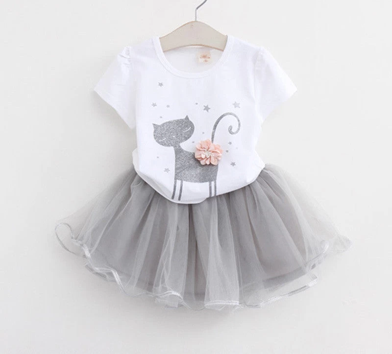 Girls Dress Summer Fashion Style Cartoon Cute Little White Cartoon Dress Kitten Printed Dress