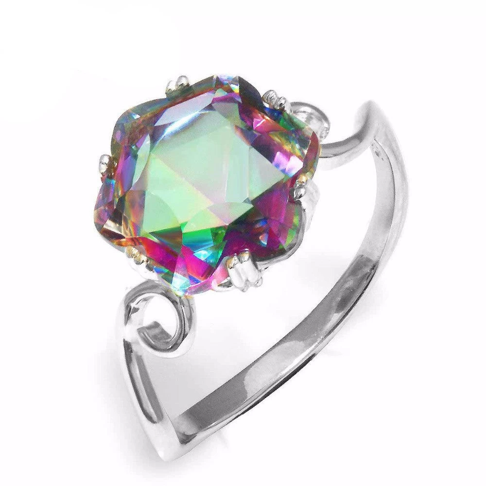 3.2ct Genuine Rainbow Fire Mystic Topaz Ring Solid 925 Sterling Silver Jewelry Best Gift For Women Fine Jewelry