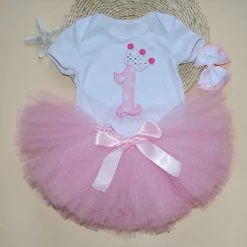 3PCS Baby Girl 1st Crown Bodysuit Headband Birthday Tutu Skirt Outfit Toddler Girl Clothes Summer Summer