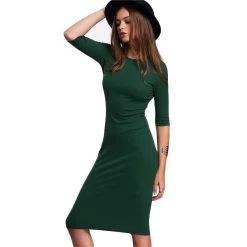 COLROVE Work Summer Style Women Bodycon Dresses Sexy Arrival Casual Green Crew Neck Half Sleeve Midi Dress