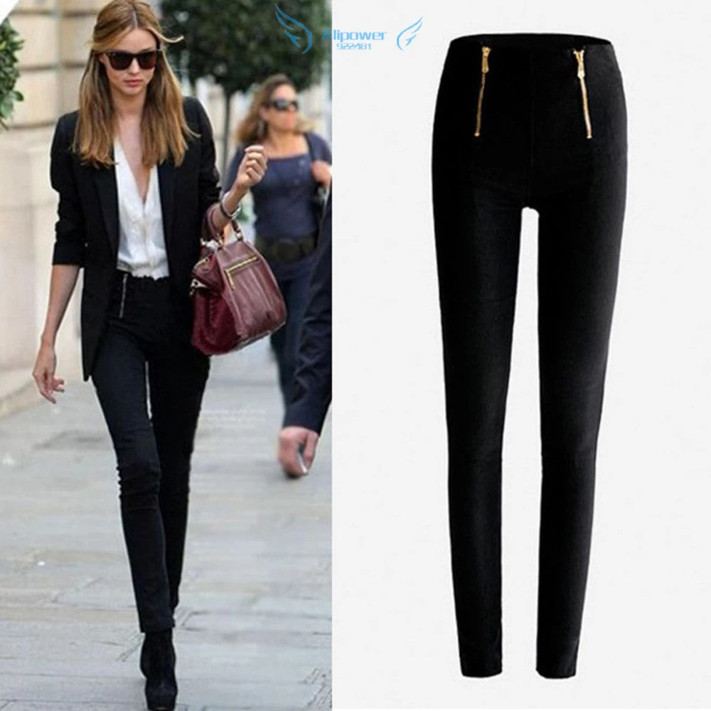 Women Lady BlackWhite Color Zip Pencil Pants High Waisted Slim Stretch Leggings Trousers Pants Plue Size S-XL
