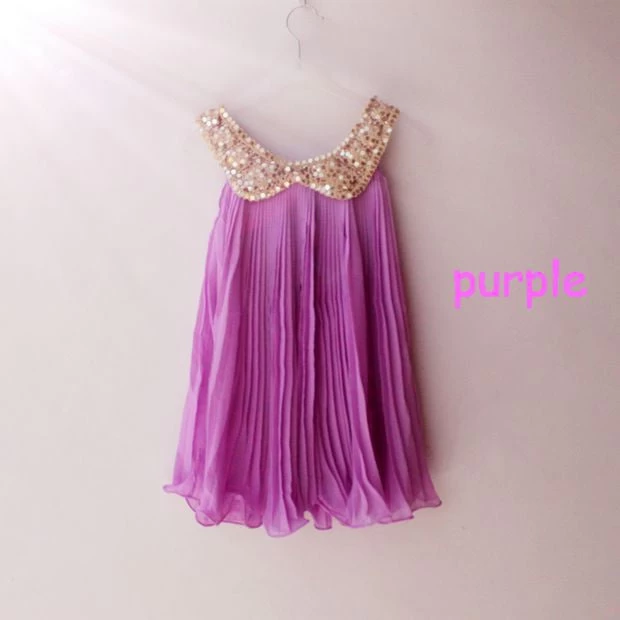 Summer Girls Pleated Chiffon One-Piece Dress With Paillette Collar Children Colthes For Kids Baby, Pink/Green - Image 7