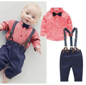 Baby Boys Clothing Set Plaid Rompers With Bowtie + Demin Pants Fashion Baby Boy Clothes Born Baby Clothes - Image 3