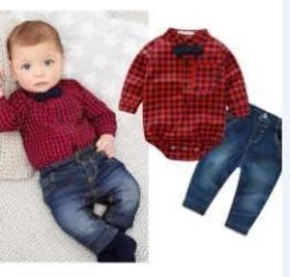 Baby Boys Clothing Set Plaid Rompers With Bowtie + Demin Pants Fashion Baby Boy Clothes Born Baby Clothes - Image 4
