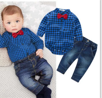 Baby Boys Clothing Set Plaid Rompers With Bowtie + Demin Pants Fashion Baby Boy Clothes Born Baby Clothes - Image 6