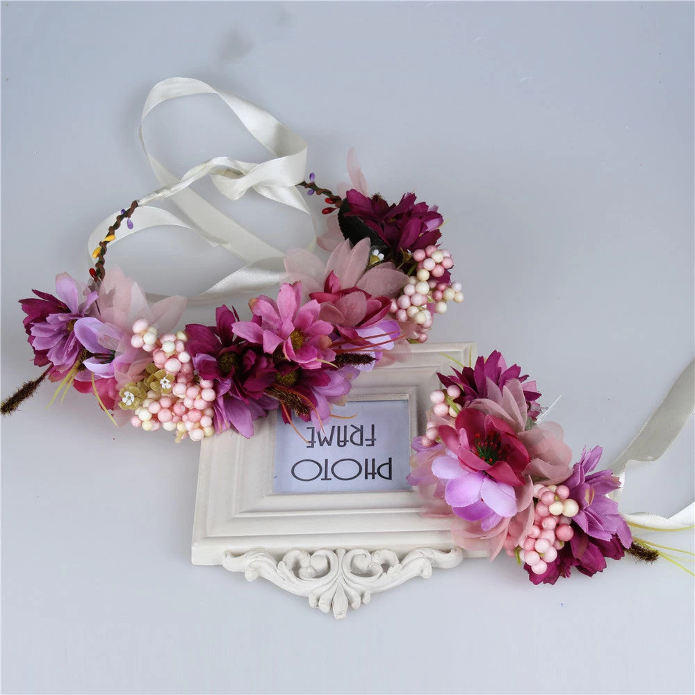 2pc/set Women Wedding Rose Flower Wreath Headband And Wrist Kids Party Flower Crown And Bracelet With Ribbon Adjustable Garlands - Image 14