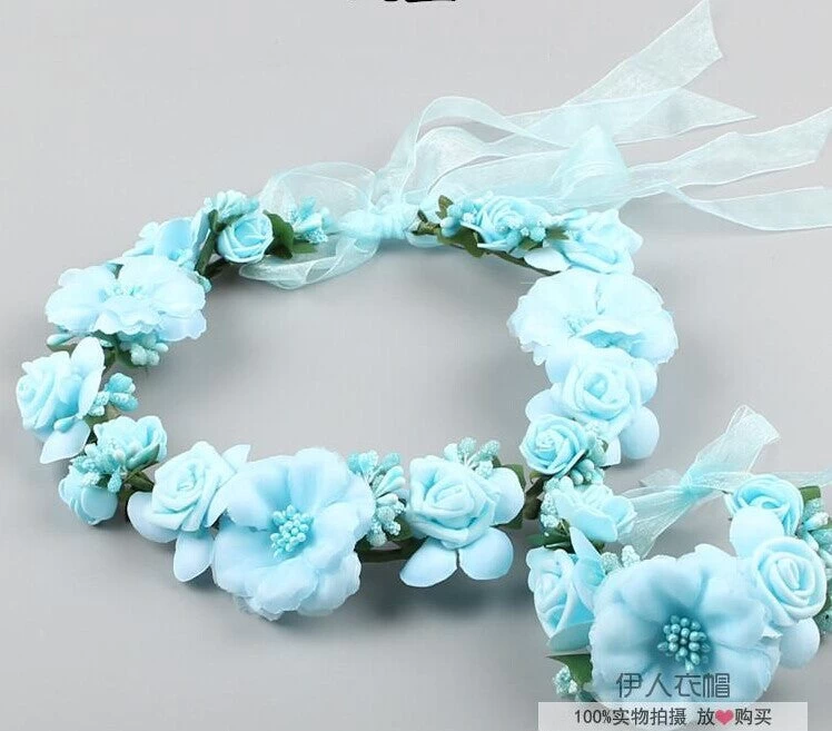 2pc/set Women Wedding Rose Flower Wreath Headband And Wrist Kids Party Flower Crown And Bracelet With Ribbon Adjustable Garlands - Image 11