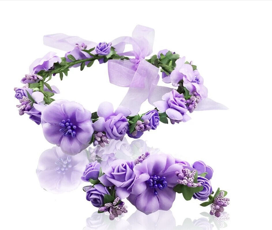 2pc/set Women Wedding Rose Flower Wreath Headband And Wrist Kids Party Flower Crown And Bracelet With Ribbon Adjustable Garlands - Image 13