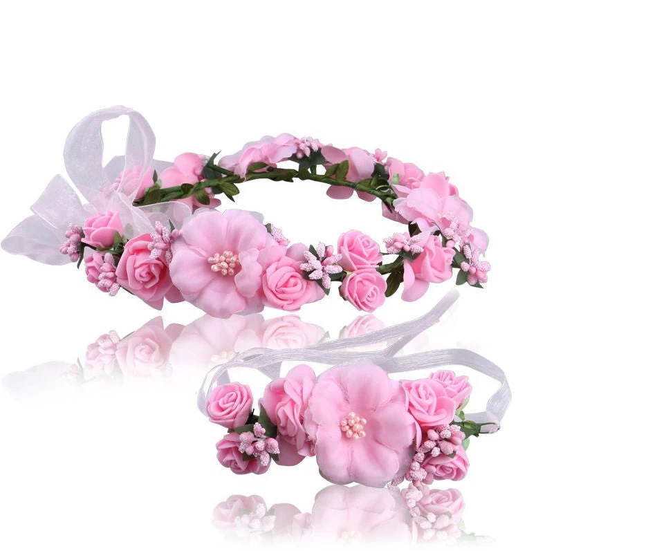 2pc/set Women Wedding Rose Flower Wreath Headband And Wrist Kids Party Flower Crown And Bracelet With Ribbon Adjustable Garlands - Image 6