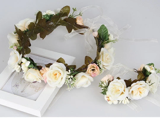 2pc/set Women Wedding Rose Flower Wreath Headband And Wrist Kids Party Flower Crown And Bracelet With Ribbon Adjustable Garlands - Image 4