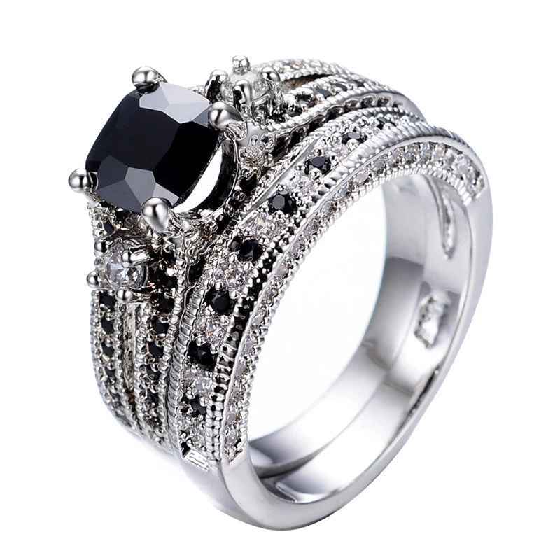Gorgeous Black Sapphire Crystal Ring Set Promise Engagement Rings For Women Fashion 10KT White Gold Filled Jewelry RW1222 - Image 2