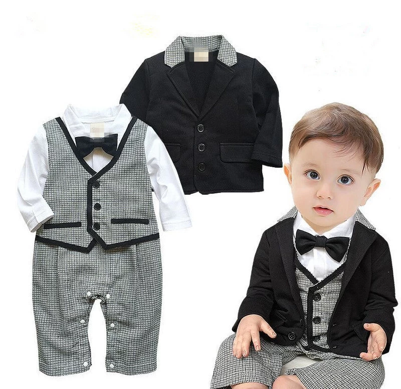 Gentleman Baby Boy Clothes White Coat+ Striped Rompers Clothing Set Born Wedding Suit - Image 2