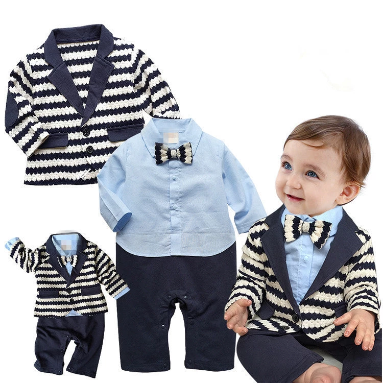 Gentleman Baby Boy Clothes White Coat+ Striped Rompers Clothing Set Born Wedding Suit - Image 6