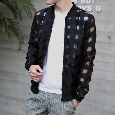 Pierced Transparent Jacket Men Sun Protection Clothing Summer Thin Long Sleeve Man Jacket Plus Size Slim Plaid Mens Jackets - Image 2