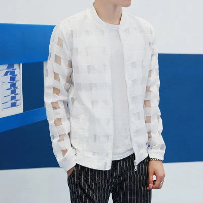 Pierced Transparent Jacket Men Sun Protection Clothing Summer Thin Long Sleeve Man Jacket Plus Size Slim Plaid Mens Jackets - Image 3