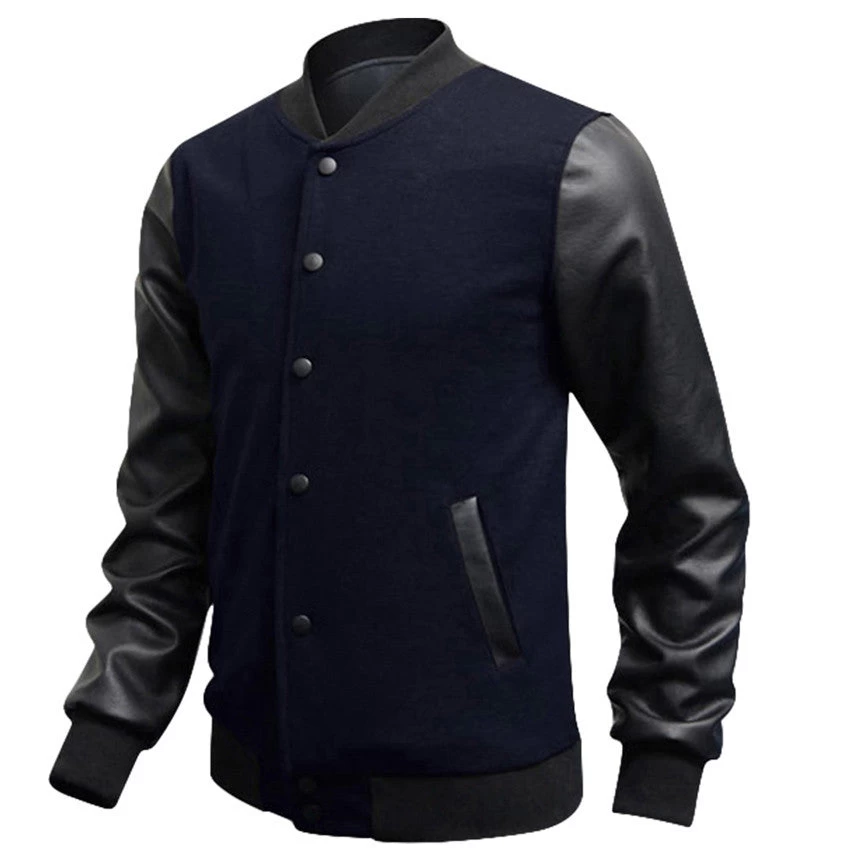 Casual Mens Coat Baseball Jackets PU Leather Sleeve Jacket Men Bomber Slim Fit - Image 3