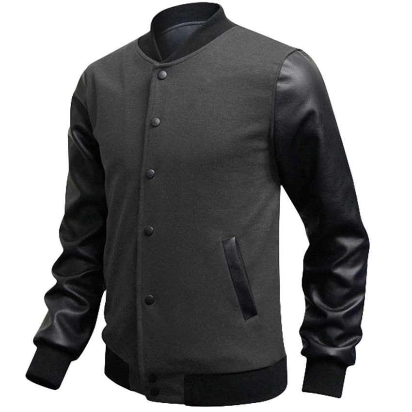 Casual Mens Coat Baseball Jackets PU Leather Sleeve Jacket Men Bomber Slim Fit - Image 2
