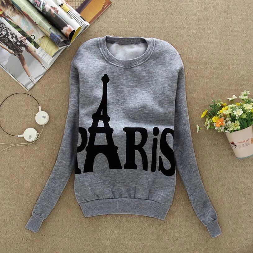 Modern Spring Autumn Winter Womens Long Sleeve Printed Pullover Casual Sweatshirts Blouse Tops Cotton Eiffel Tower Pattem H17 - Image 3