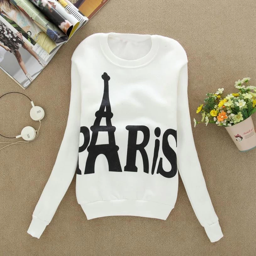 Modern Spring Autumn Winter Womens Long Sleeve Printed Pullover Casual Sweatshirts Blouse Tops Cotton Eiffel Tower Pattem H17 - Image 5