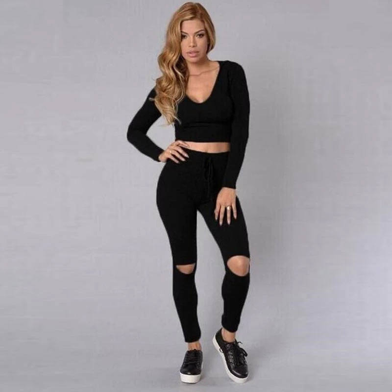 Rompers Womens Jumpsuit Bodycon Jumpsuit Women 2 Pieces Overalls Bodysuit Women Long Sleeve Hole Skinny Playsuit Plus Size - Image 2