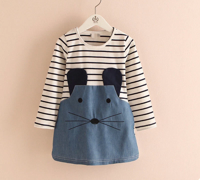 Striped Patchwork Character Girl Dresses Long Sleeve Cute Mouse Children Clothing Kids Girls Dress Denim Kids Clothes Girls - Image 2