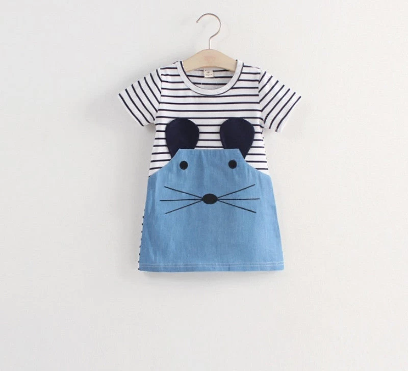 Striped Patchwork Character Girl Dresses Long Sleeve Cute Mouse Children Clothing Kids Girls Dress Denim Kids Clothes Girls - Image 3