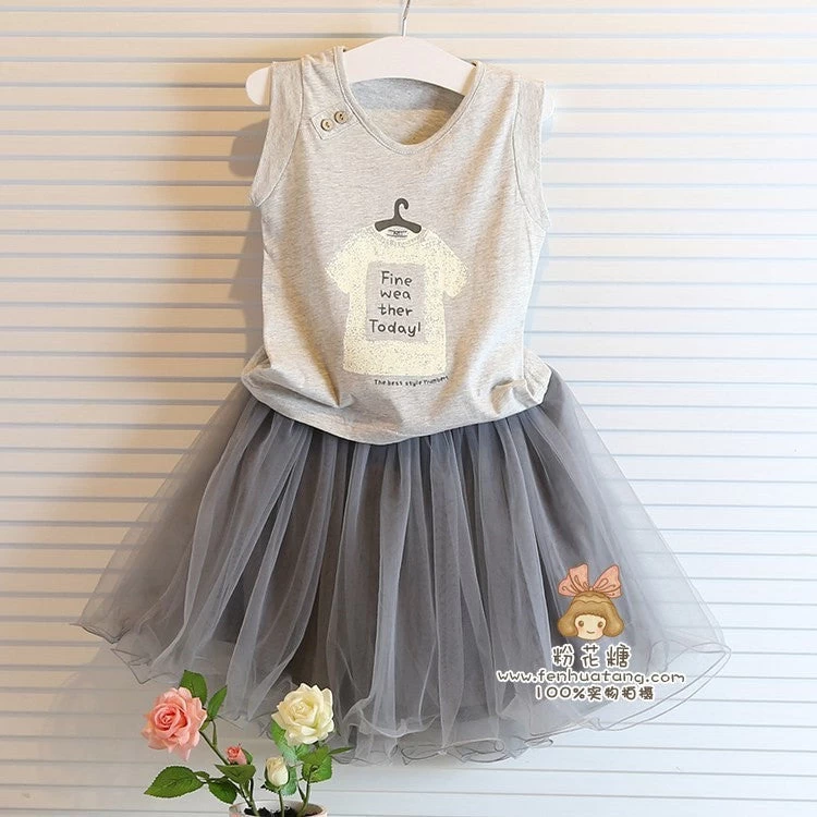 Baby Girl Clothing Sets Summer Shirt +lace Skirt Children Kids Clothes Grey Color T Shirt With Grey Skirt Girl Clothes Dress - Image 2