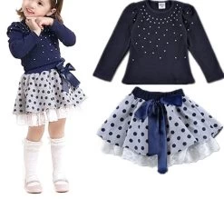 Girls' Suits Girls T-shirt + Skirt 2pcs Clothing Diamond Dot Bow Dress Children's Skirt Suit