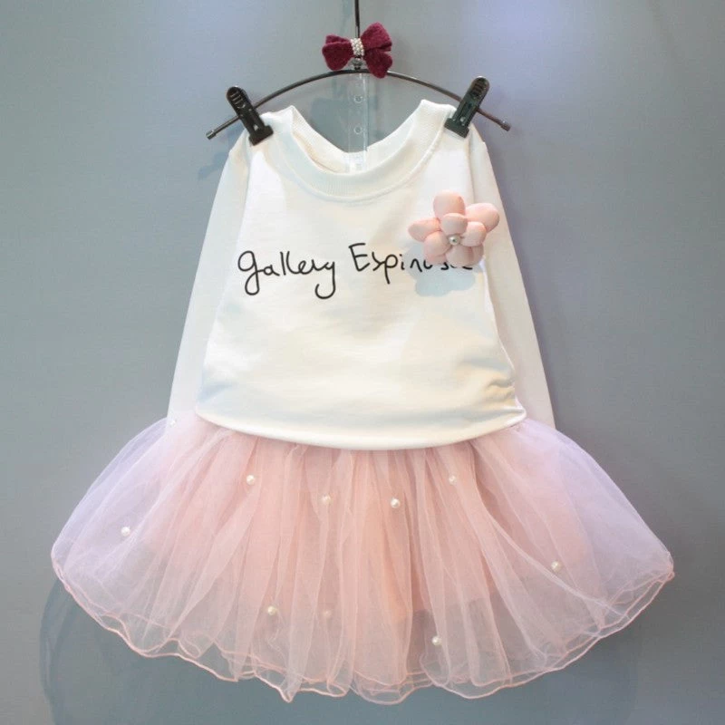 Girls Dresses Lovely Girls White Tee Shirt And Pink Dress With Rhinestone Clothes Set Kids Autmn Children Clothing Set - Image 2