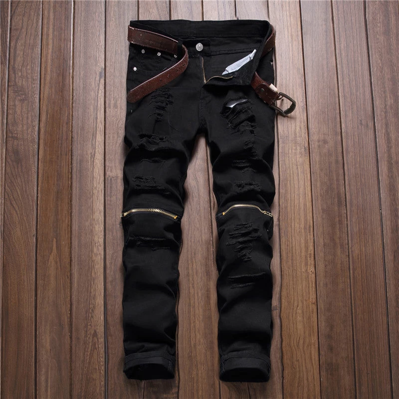 Red White Black Ripped Denim Pant Knee Hole Zipper Biker Jeans Men Slim Skinny Destroyed Torn Jean Pants - Image 2