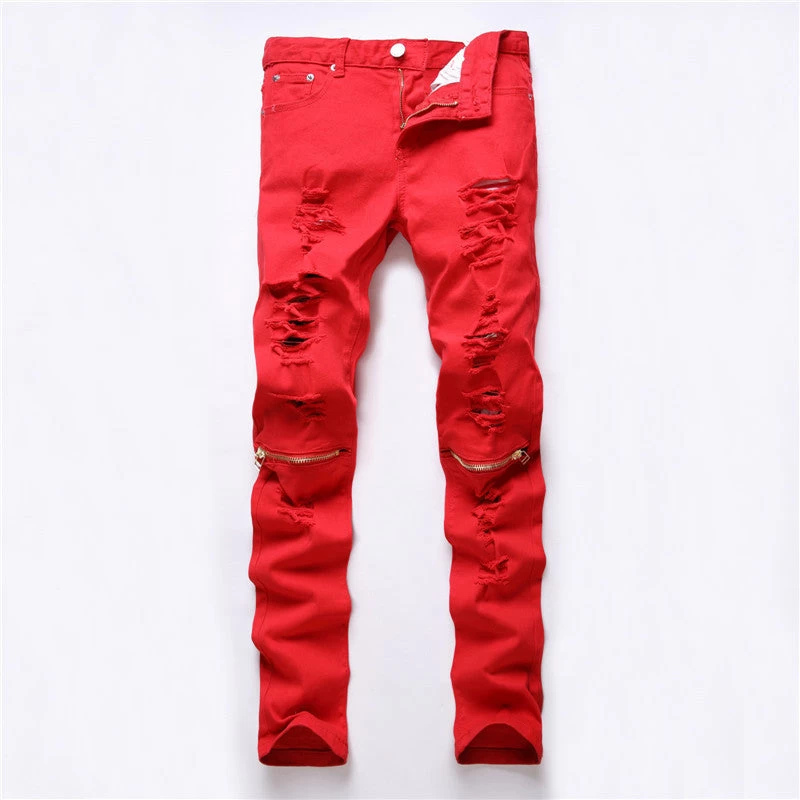 Red White Black Ripped Denim Pant Knee Hole Zipper Biker Jeans Men Slim Skinny Destroyed Torn Jean Pants - Image 4