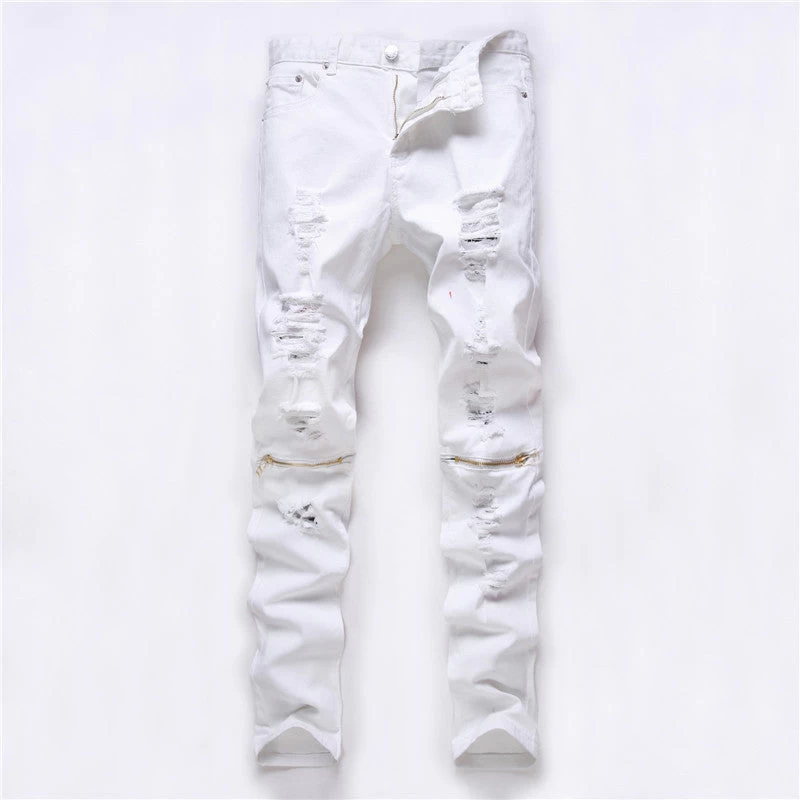 Red White Black Ripped Denim Pant Knee Hole Zipper Biker Jeans Men Slim Skinny Destroyed Torn Jean Pants - Image 3