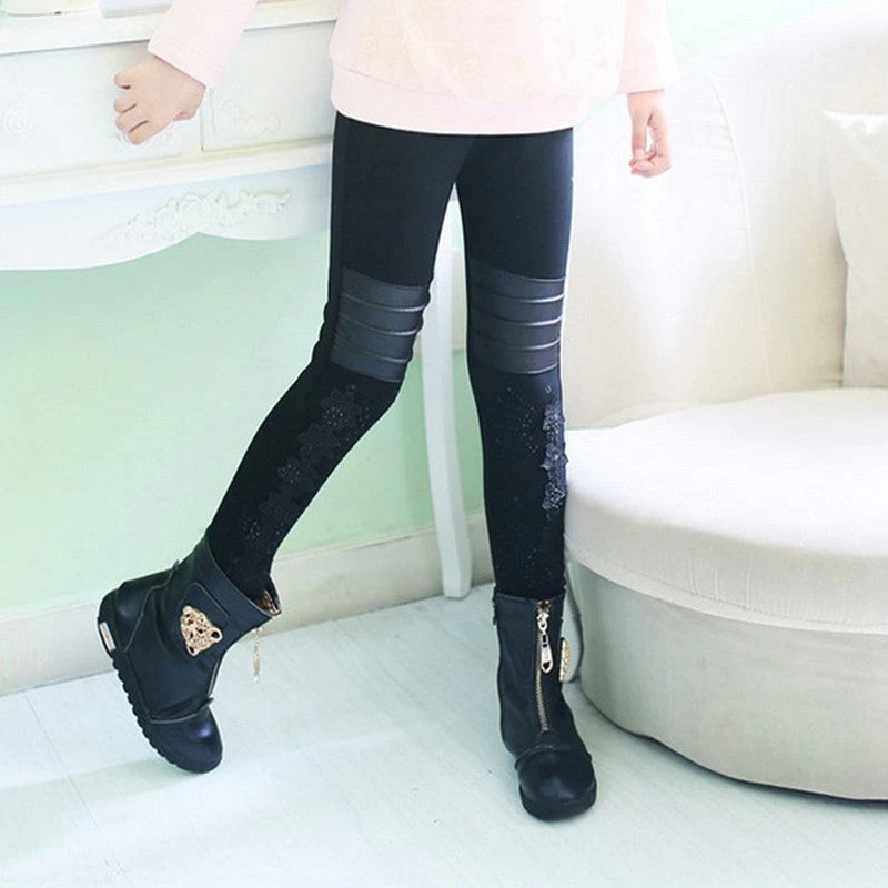 Girls Pants Winter Leggings Children Elastic Floral Lace Printed Flowers Warm Thick Cotton Gray Black Kids Trousers 6-11 - Image 2