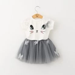 Keelorn Girls Dress Kids Clothes White Cartoon Short Sleeve T-Shirt+Veil Dress 2Pcs Baby Girl Clothes For 2-6Y