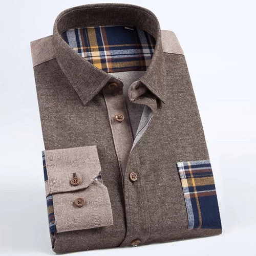 Autumn Young Mens Long Sleeve 100% Cotton Flannel Shirts Patchwork Collar Classic-fit Comfort Soft Button-Down Casual Shirt - Image 4