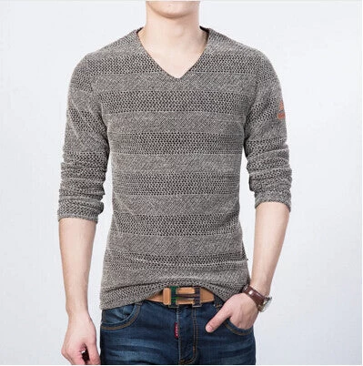Knitted Male Sweater Korea Spring Long-sleeve Pullover V Neck Knitwear Stripe Handsome Men's Clothes M-5XL