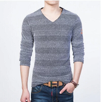 Knitted Male Sweater Korea Spring Long-sleeve Pullover V Neck Knitwear Stripe Handsome Men's Clothes M-5XL - Image 2