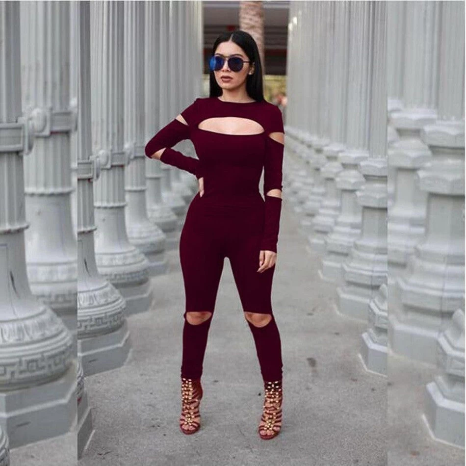 Women Bodycon Jumpsuit Long Sleeve Hollow Out Fahion Sexy Club Overalls Bodysuit Rompers Womens Jumpsuits - Image 3