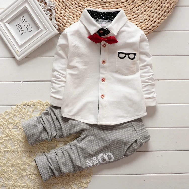 Baby Boy Girls Clothing Sets Children Bow Tie T-shirts Glasses Cartoon+ Pants Kids Cotton Cardigan Two Piece Suit - Image 3