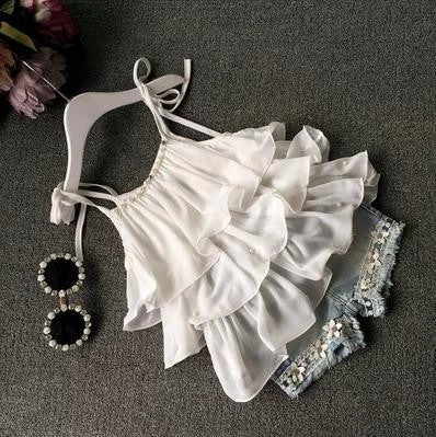 Summer Children's Clothing Girls Suit Chiffon Cake Sling + Pants 2pcs Pearl Flower Halter Top Denim Shorts Kids Set - Image 2