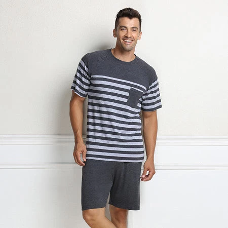 Summer Pijama Classic Stripe Lounge Wear Short-sleeve Pants Male Pajama Set - Image 2