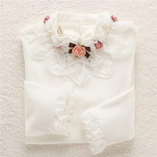 Fashion Children Kids Girls Blouses Baby Girls Long Sleeved School Lace White Shirts Tops&tees TD014 - Image 2
