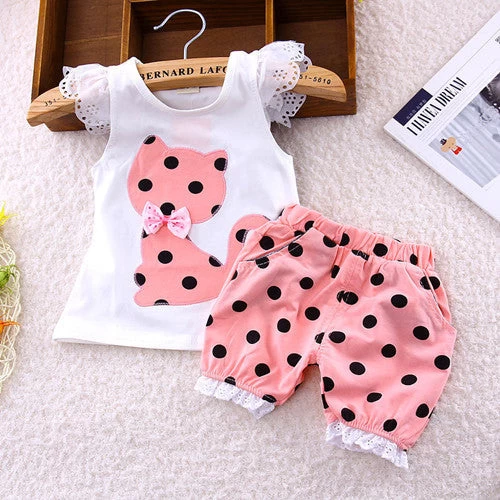 Europe Summer Children Clothing Set Baby Girls Bow Cat Shirt + Shorts Suit 2pcs Kids Polka Dot Clothes Suit 1-4 Years - Image 2