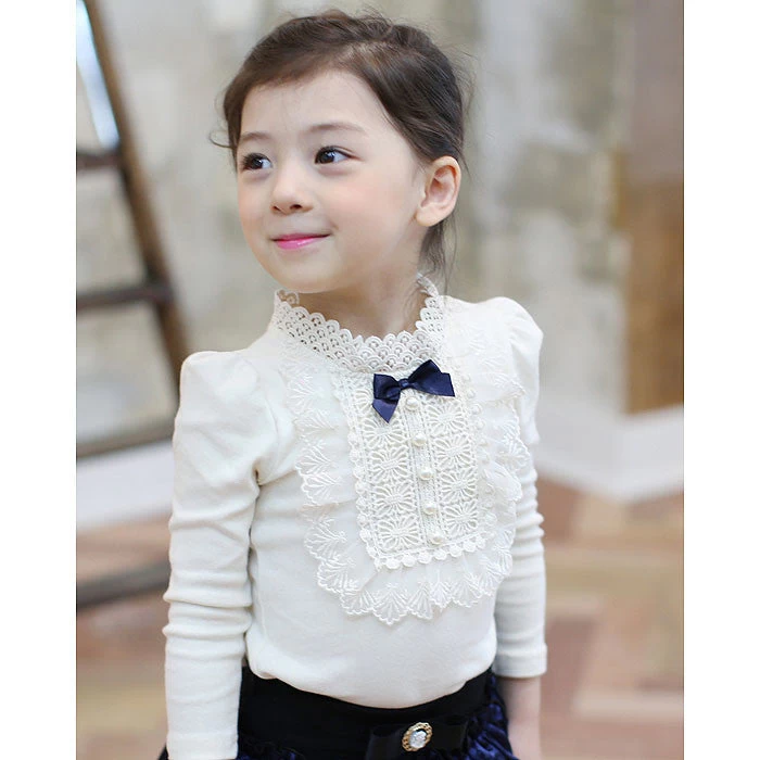 Autumn Longsleeve Cotton T-shirt Girls Top Fashion Baby Kids Clothes With Lace And Bowknot Korean Style Children Girl Tops - Image 3