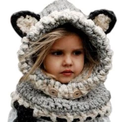 Lovely Design Kids Winter Warm Knitted Hats Fox Design Children Shawl Hooded Cowl Beanie Girls Neck Wrap & Scarf Hat Cap NO4